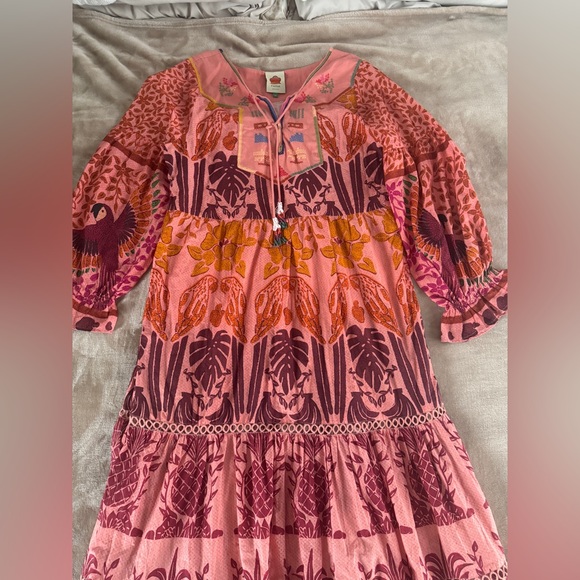Farm Rio Pink Anika Macaws Maxi Dress XL Tropical Resort Boho Luxury - Picture 4 of 13